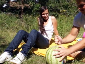 Small titted cutie tastes watermelon and cock